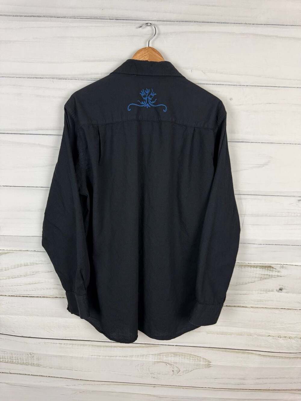 Tulliano Men's Black Long Sleeve Button-Up Shirt with Blue Floral Embroidery